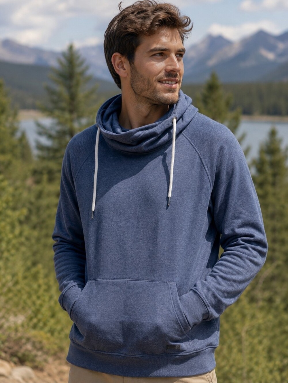 UNIVIBE Mens navy blue cowl neck drawstring pullover kangaroo pockets medium